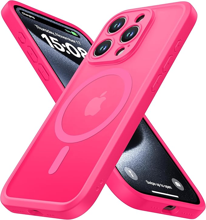 ImpactStrong Magnetic Guard Designed for iPhone 15 Pro Case [Camera Protection] [Military Grade Drop Tested] [Compatible with MagSafe] Slim Translucent Matte Phone Case (6.1") - Hot Pink