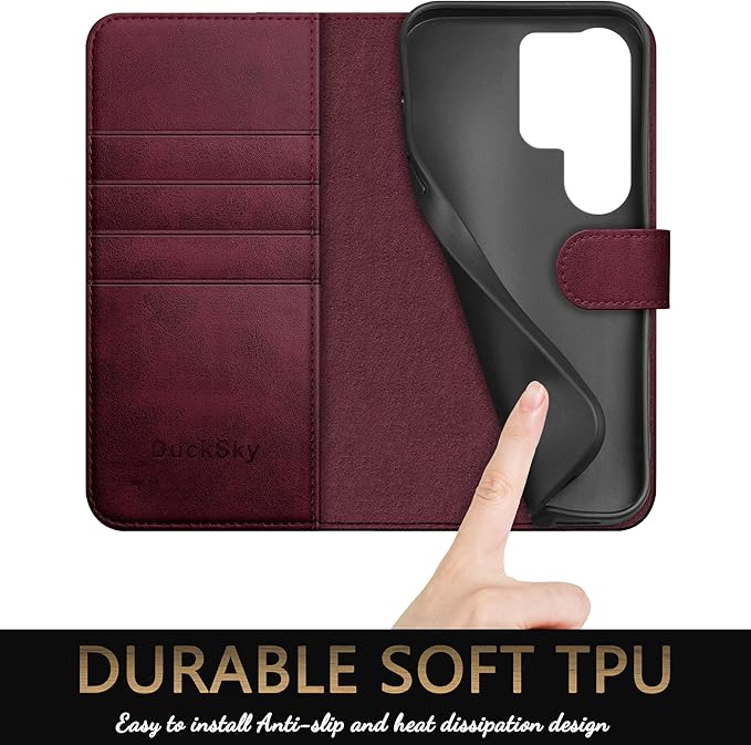 Compatible with Samsung Galaxy S25 Ultra Genuine Leather Wallet case【RFID Blocking】【4 Credit Card Holder】【Real Leather】 Flip Folio Book Phone case Cover Women Men for S25 Ultra case Wine Red