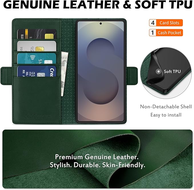 SHIELDON Case for Galaxy S25 Ultra 6.9", Genuine Leather Wallet Case with RFID Blocking Card Holder Kickstand Shock Absorbing Protective Cover Compatible with Galaxy S25 Ultra 2025 - Nappa Evergreen