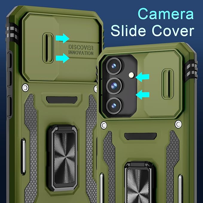 DEERLAMN Case for Samsung Galaxy S25 FE 6.7-Inch with Slide Camera Cover+Screen Protector(1 Pack), Rotated Ring Kickstand Military Grade Shockproof Protective Cover-Olive Green