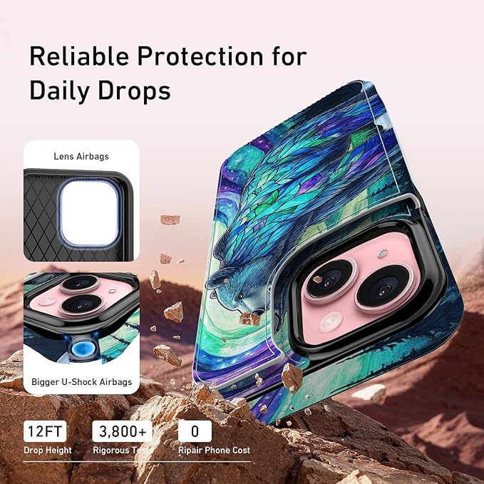 FUNMIKO for iPhone 14 Wallet Case with Card Holder, RFID-Blocking, Military-Grade Protection & UV-Printed Artwork, Magnetic Closure with Leather Kickstand - Prismatic Aurora Bear