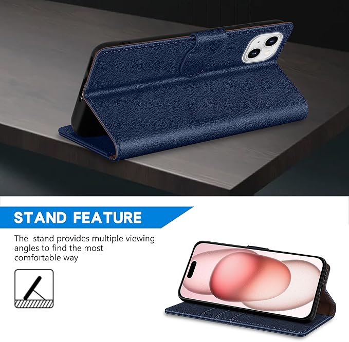 ZZXX for iPhone 15 Wallet Case with [RFID Blocking] Card Slot Kickstand Magnetic Closure Leather Flip Fold Protective Phone Case for iPhone 15 Case Wallet(Blue-6.1 inch)