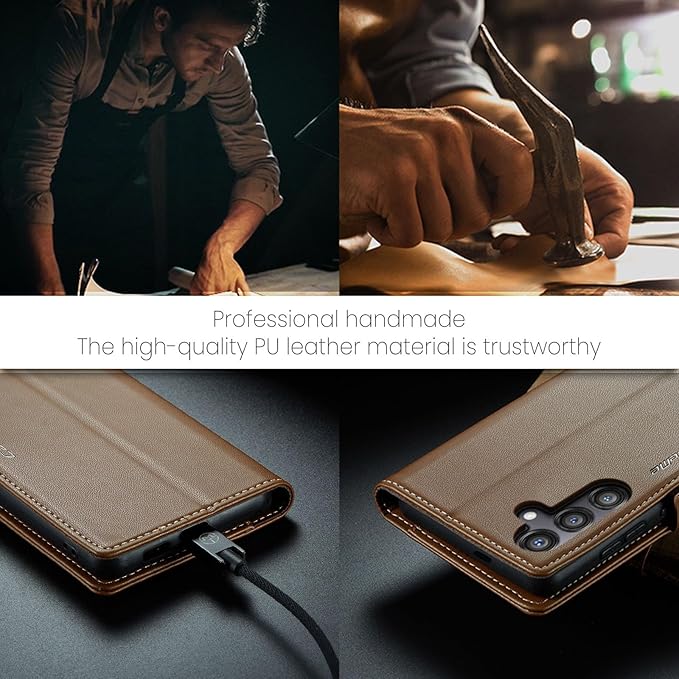 AUPAI for Samsung Galaxy S25 Plus Wallet Case with Credit Card Holder, PU Leather RFID Blocking Folio Flip Kickstand Magnetic Clasp Protective Phone case for Women Men Brown