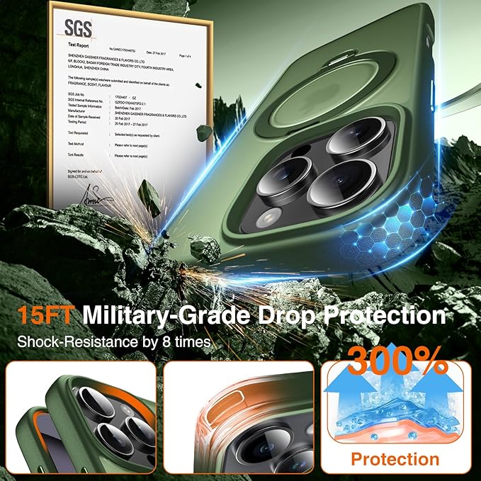 360° O-Ring MagStander for iPhone 16 Pro Case with Magnetic Kickstand Ring Holder [Compatible with MagSafe][360°Rotate Stand Ring][Military Shockproof] iPhone 16 Pro Phone Cover Matte Green