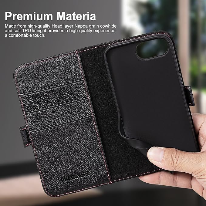 Case for iPhone 16e 6.1", Genuine Leather Wallet Magnetic Cover RFID Blocking Card Slot Kickstand Shock-Absorbent TPU Phone Holder Case Compatible with iPhone 16e 2025 5G (Black)
