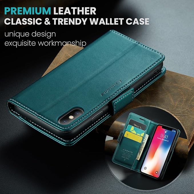for iPhone Xs Max Case, Premium PU Leather Wallet Case Flip Cover with [RFID Blocking][Card Holder][Stand Function] Shockproof Protective for iPhone Xs Max 6.5", Blue-Green
