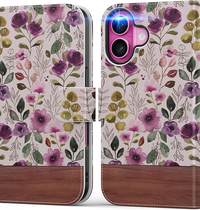 DEENAKIN for iPhone 16 Wallet Case with Card Holder + Cash Clip, RFID-Blocking, Military-Grade Drop Protection, Magnetic Closure with Leather Kickstand - Floral Wallpaper