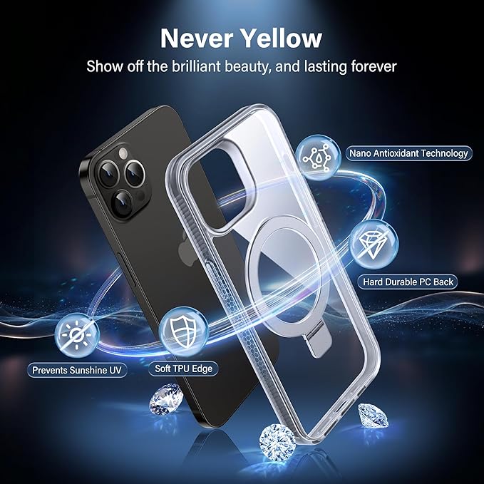 Magnetic Case for iPhone 14 Pro Max - [Built-in Invisible Stand] [Compatible with MagSafe] [Military Grade Drop Protection] Anti-Yellowing Hard Back Silicone Edge Cover, 6.7", Clear