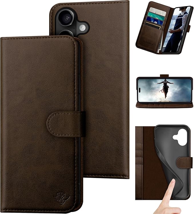 Compatible with iPhone 17 6.3" Genuine Leather Wallet case【RFID Blocking】【4 Credit Card Holder】【Real Leather】 Flip Phone case Cover Women Men for Apple 17 case Brown
