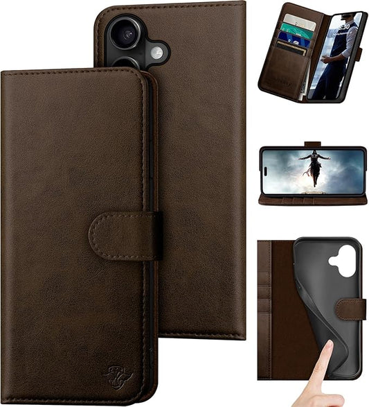 Compatible with iPhone 17 6.3" Genuine Leather Wallet case【RFID Blocking】【4 Credit Card Holder】【Real Leather】 Flip Phone case Cover Women Men for Apple 17 case Brown