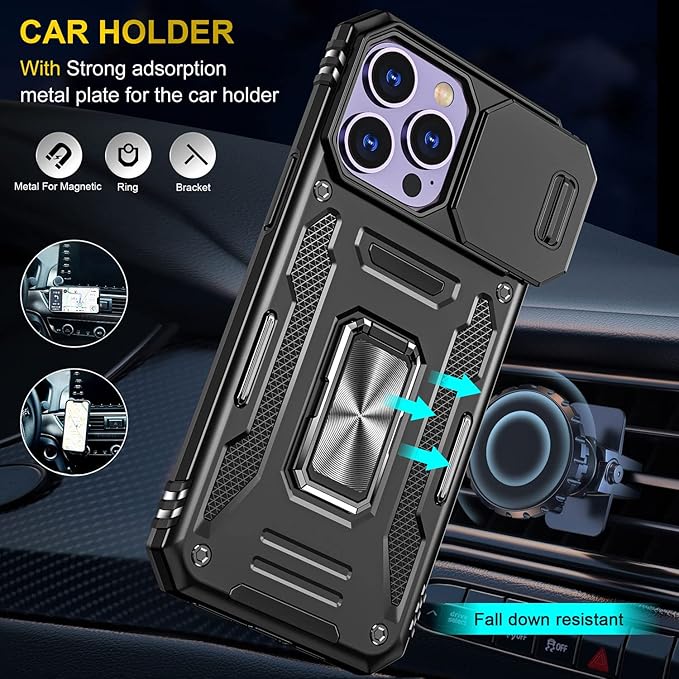 Case for iPhone 14 Pro Phone Case with Camera Cover, with Ring Holder Kickstand, with Magnetic Car Mount Function, for iPhone 14 Pro (Black)