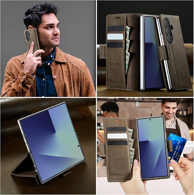 for Samsung Galaxy Z Fold 7 Case, Flip Wallet Leather Case with Card Holder Magnetic Closure Shockproof Kickstand Protective Phone Cases Cover for Galaxy Z Fold 7, Coffee