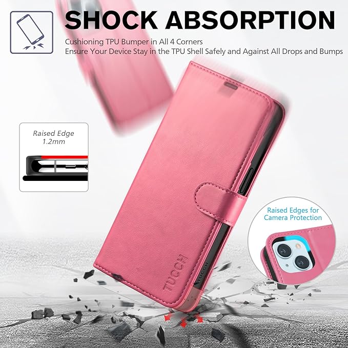 TUCCH Case Wallet for iPhone 15 6.1", Kickstand PU Leather Magnetic Protective Flip Cover with [RFID Blocking] [4 Card Slots] [TPU Interior Case] Compatible with iPhone 15 5G 6.1" 2023, Hot Pink