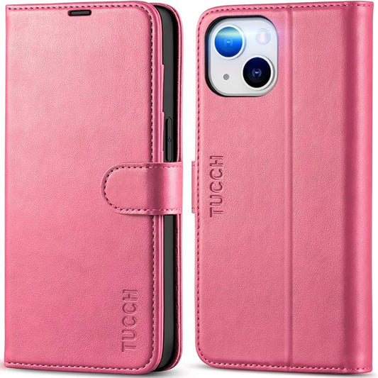 TUCCH Wallet Case for iPhone 14 6.1", Flip PU Leather Magnetic Protective Cover with [RFID Blocking] [4 Card Slots] Stand [TPU Interior Case] Compatible with iPhone 14 6.1, Hot Pink