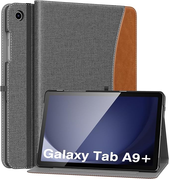 MoKo Case for Samsung Galaxy Tab A9 Plus 11" 2023 (SM-X210/SM-X216/SM-X218), PU Leather Multi-Angle Viewing Folding Stand Cover Case with Hand Strap, Front Pocket, Auto Wake/Sleep, Denim Grey & Brown