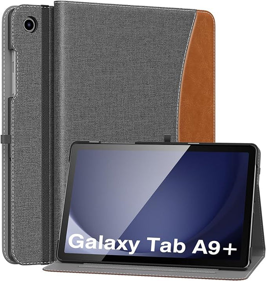 MoKo Case for Samsung Galaxy Tab A9 Plus 11" 2023 (SM-X210/SM-X216/SM-X218), PU Leather Multi-Angle Viewing Folding Stand Cover Case with Hand Strap, Front Pocket, Auto Wake/Sleep, Denim Grey & Brown