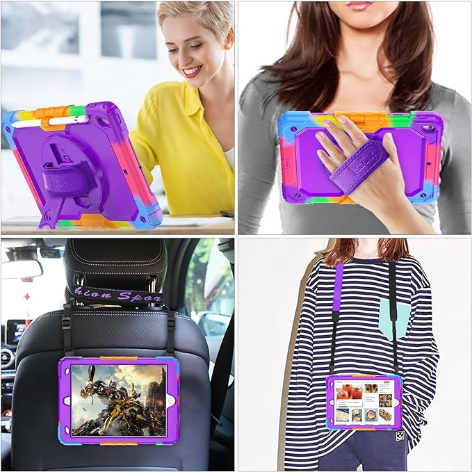 SEYMAC stock Case for iPad 9th/ 8th/ 7th Generation 10.2'', Shockproof with Screen Protector, Pencil Holder [360° Rotating Hand Strap] & Stand, for iPad 10.2 inch 2021-2019 (Purple+Colorful)