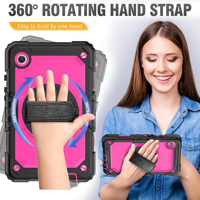 HXCASEAC Case for Samsung Galaxy Tab A9 8.7 Inch, Protective with Screen Protector/Hand Strap/Pen Holder, Sturdy Shockproof for Samsung A9 Tablet Case SM-X110 SM-X115 SM-X117 - Rose