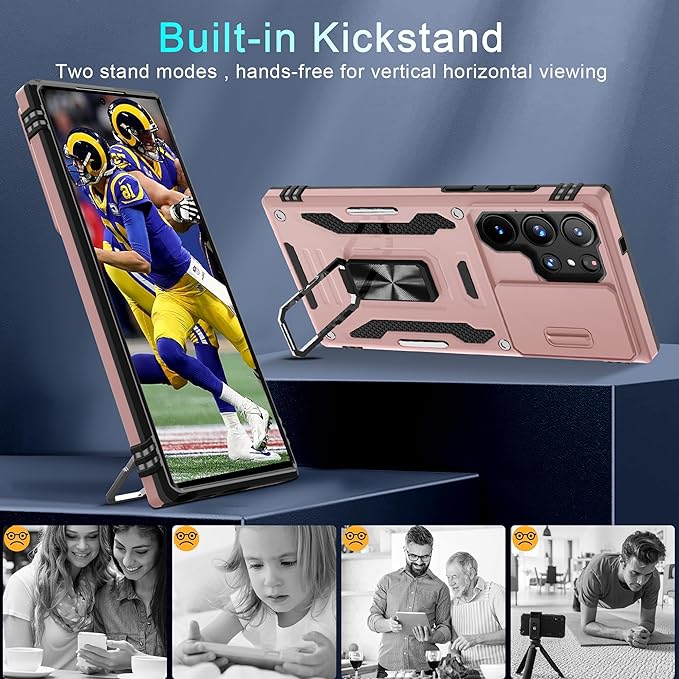 DEERLAMN Case for Samsung Galaxy S25 Ultra with Slide Camera Cover+Screen Protector (1 Pack), Rotated Ring Kickstand Military Grade Shockproof Protective Cover-Rose Gold