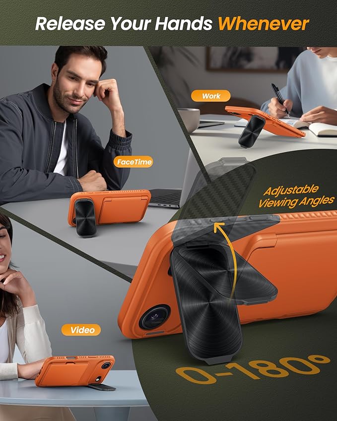 for iPhone Air Case with Credit Card Holder, Built-in Camera Cover Stand, Silicone Bumper Raised Edge Multifunctional Wallet Full Body Protective Phone Cover Case for iPhone Air 2025, Orange