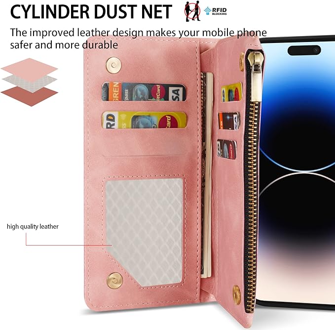ZZXX for iPhone 14 Pro Case Wallet with [RFID Blocking] Card Slot Premium Soft PU Leather Zipper Flip Folio with Wrist Strap Kickstand Protective Cover for iPhone 14 Pro Wallet Case(Pink-6.1 inch)