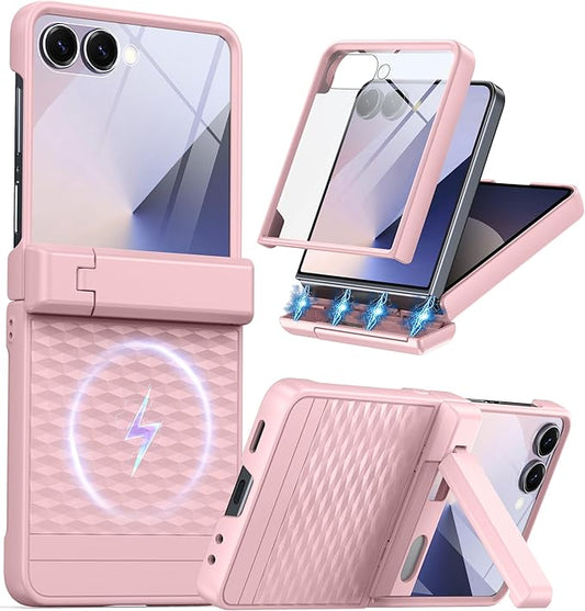 Magnetic for Samsung Galaxy Z Flip 7 Case [Hinge Protection＆Kickstand][Compatible with MagSafe][Built-in Screen Protector] Full-Body Military Protection Phone Case for Samsung Z Flip 7 Pink
