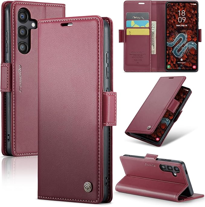 AUPAI for Samsung Galaxy S25 Wallet Case with Credit Card Holder, PU Leather RFID Blocking Folio Flip Kickstand Magnetic Clasp Protective Phone case for Women Men Wine Red