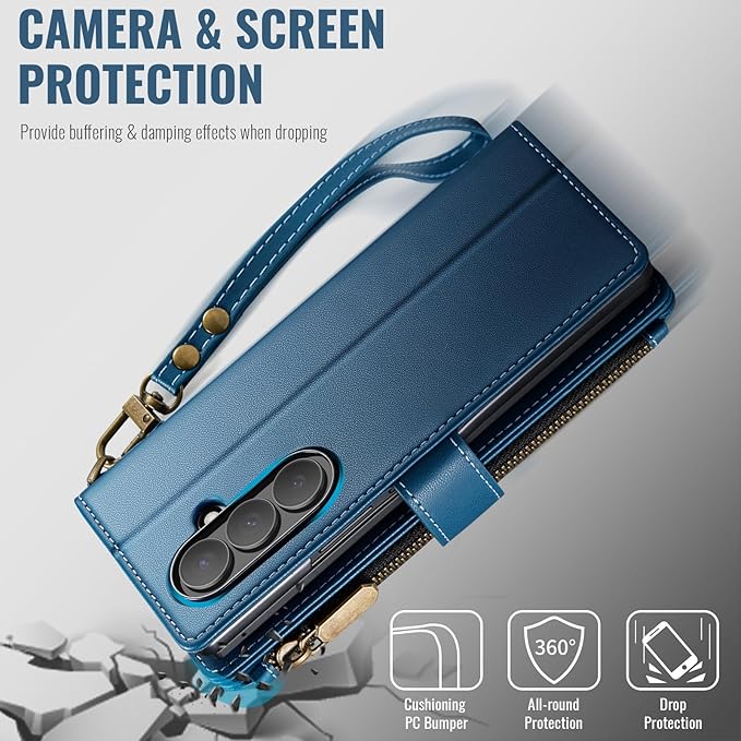 Vinich for Samsung Galaxy Z Fold 7 Wallet Case with Card Holder, Detachable Strap RFID Blocking Credit Slots Kickstand Shockproof Phone Cover for Women Men, Blue