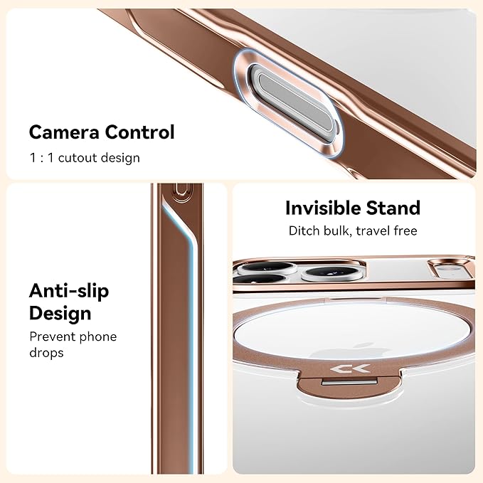 CASEKOO Rose Gold Designed for iPhone 17 Pro Case with 360 Spin Magnetic Stand [Fit for MagSafe][17FT Military Protection] Slim Polished for iPhone 17 Pro Case with Stand 6.3'', Rose Gold