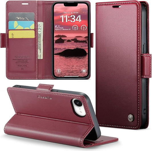 for Apple iPhone 16e Case, Premium PU Leather Wallet Case Flip Cover with [RFID Blocking][Card Holder][Stand Function] Shockproof Protective for iPhone 16E 6.1", Red