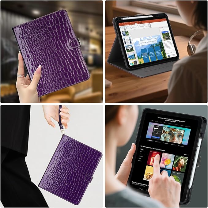 Elegant Case for Samsung Galaxy Tab A9 Plus 11 Inch 2023（Model: SM-X210/X216/X218）, Premium Leather Crocodile Cover | Stand | Card Pockets| Wrist Strap| S Pen Holder (Dark Purple)