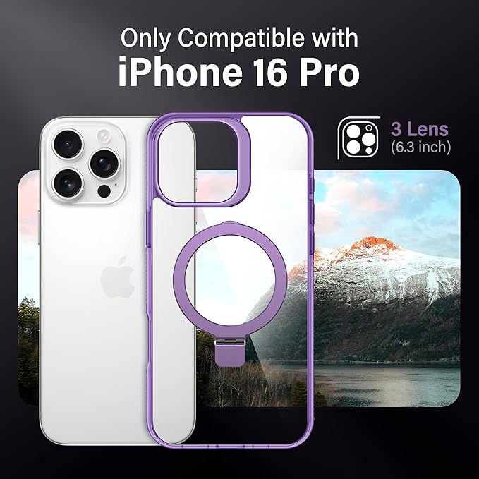 Magnetic Case for iPhone 16 Pro - [Built-in Invisible Stand] [Compatible with MagSafe] [Military Grade Drop Protection] Anti-Yellowing Hard Back Silicone Edge Cover, 6.3", Clear Purple