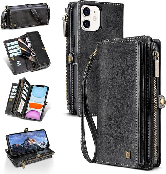 for iPhone 11 Wallet Phone Case with 7 Card Holder,RFID Blocking | PU Leather | Kickstand | Flip | Wrist Strap&Shoulder Strap | Shockproof | Zipper Wallet | Women Men | 6.1" | Black