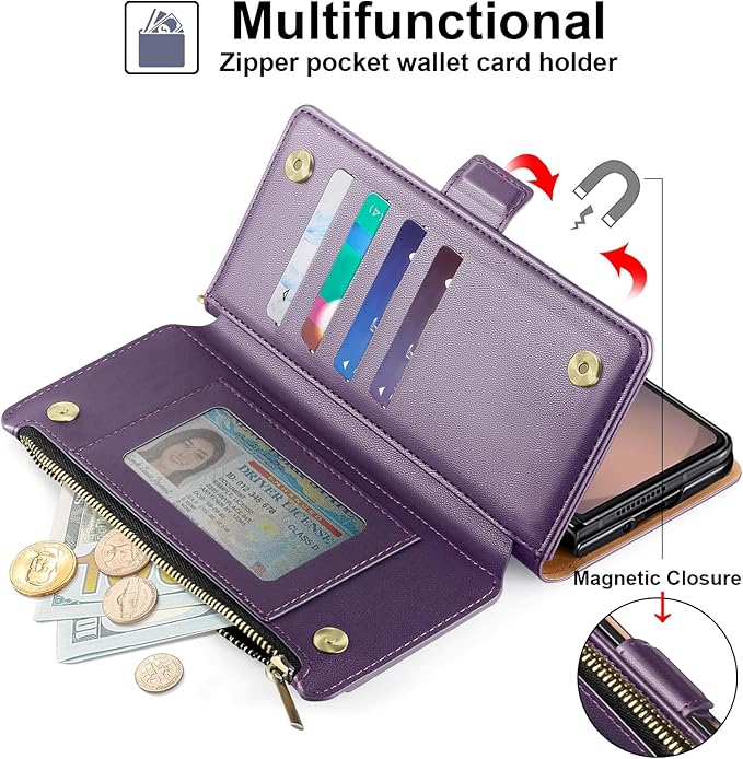Antsturdy Compatible with Samsung Galaxy Z Fold7 Case Wallet with Card Holder,Z Fold 7 5G Phone Case with Strap Shockproof PU Leather RFID Blocking Flip Cover Credit Card Slots Women Men,Purple