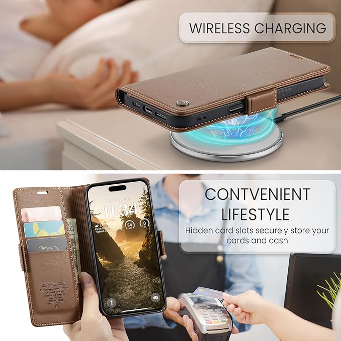 for iPhone 16 Case, Premium PU Leather Wallet Case Flip Cover with [RFID Blocking][Card Holder][Stand Function] Shockproof Protective for iPhone 16, Brown