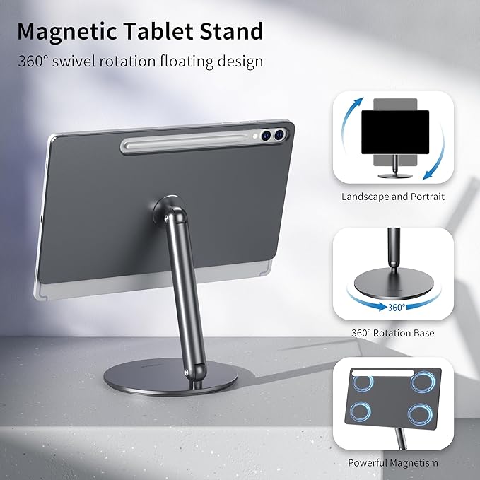 LULULOOK Magnetic Stand for Samsung Galaxy Tab S10/S9/S8 Plus, Foldable Aluminum Alloy Arm Mount Desktop Holder for Samsung Galaxy Tab 12.4 inch S10+/S9+/S8+/S7 FE/S7+