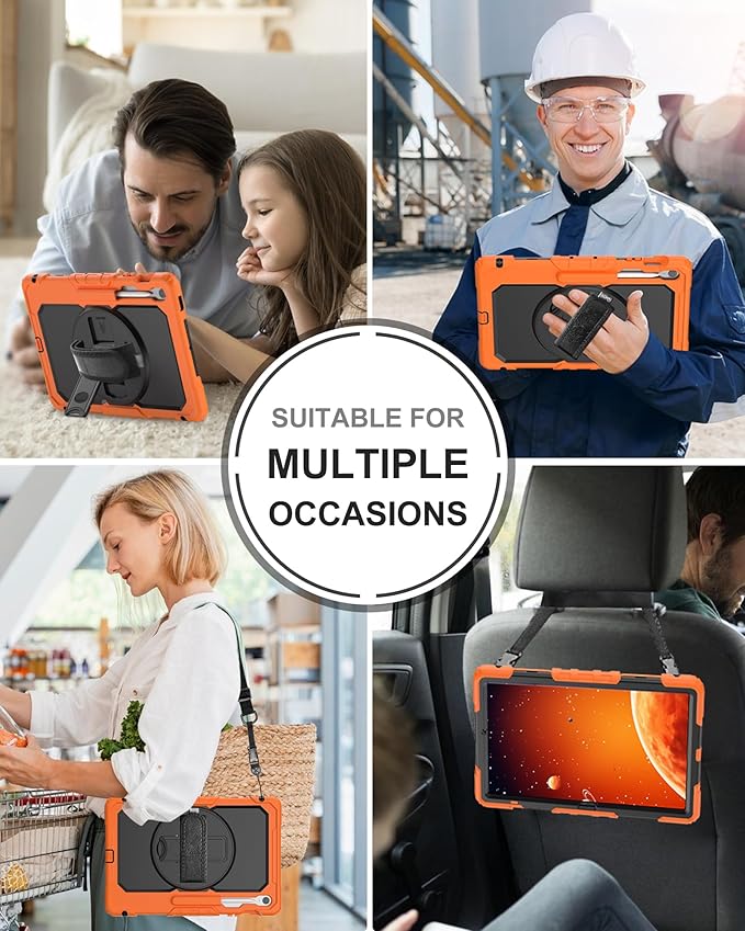 Case for Samsung Galaxy Tab S10 FE Plus 5G Tablet 13.1'', Shockproof Protective Cover with Tempered Glass Screen Protector, Rotatable Kickstand, S Pen Holder, Hand/Shoulder Strap, Orange