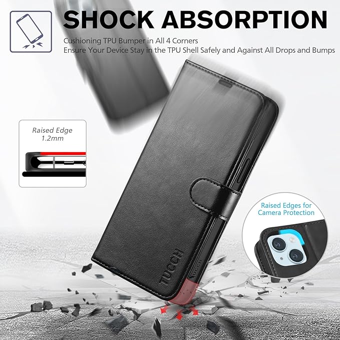 TUCCH Case Wallet for iPhone 15 Plus, [RFID Blocking] 4 Card Holder Kickstand [Shockproof TPU Interior Case] PU Leather Magnetic Protective Flip Cover 6.7", Black