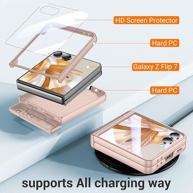 Temdan for Samsung Galaxy Z Flip 7 Case with [Built-in Front Screen Protector] [Kickstand][Hinge Protection][Hard PC] Ultra-Thin Shockproof Protective Phone Case for Galaxy Z Flip 7-Rosegold
