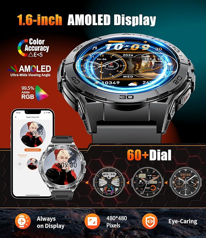 Smart Watch for Men Answer/Make Call for Android iPhone, 1.6" AMOLED HD Screen Mens Luxury Watch, 600mAh Heavy Duty Smartwatch 5ATM Waterproof/Heart Rate/Sleep Monitor Pedometer, 2 Straps