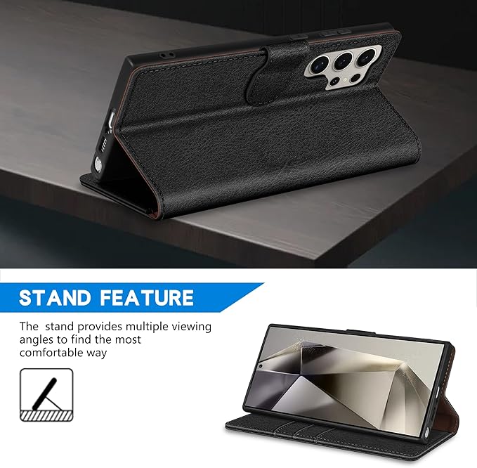 ZZXX for Samsung Galaxy S25 Ultra Wallet Case with [RFID Blocking] Card Slot Kickstand Magnetic Closure Leather Flip Fold Protective Phone Case for Galaxy S25 Ultra 5G Case Wallet(Black-6.8 inch)