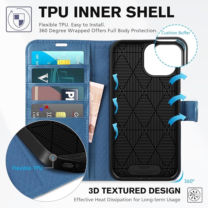 TUCCH Wallet Case for iPhone 15 6.1", Magnetic PU Leather Kickstand Flip Cover with 4 Card Slot Shockproof TPU Interior Shell, [RFID Blocking] Folio Case Compatible with iPhone 15 5G 2023, Light Blue