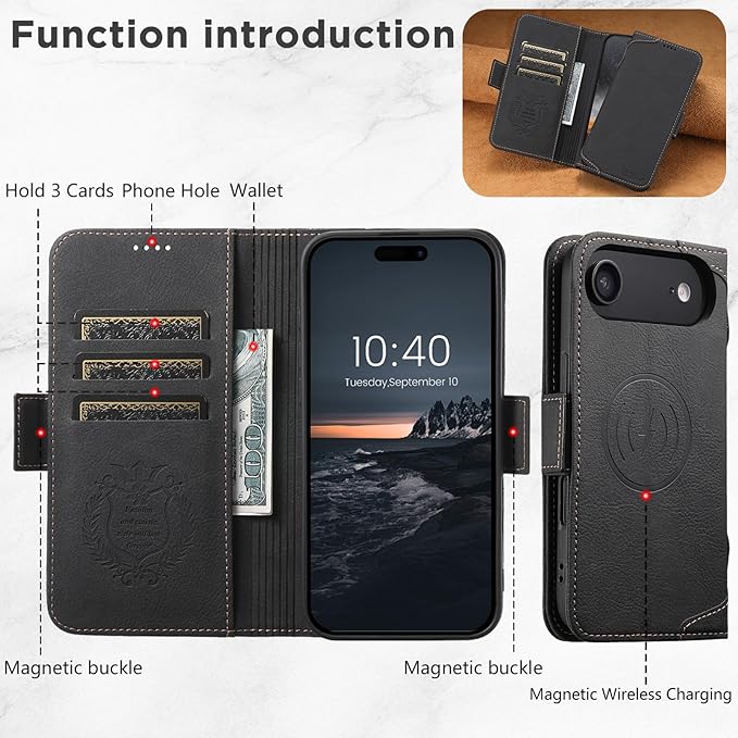 Wallet Case for iPhone 17 Air Compatible With MagSafe & Wireless Charging, Leather,3 Card Slots & ID Holder, Kickstand, Magnetic 360° Military Shockproof Protection for iphone air Premium Black