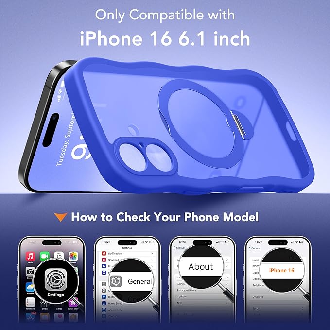 for iPhone 16 Case, [Compatible with Magsafe][360° Spin Magnetic Stand][Military-Grade Protection][Camera Control][Cute Wave Edge]Translucent Matte Women Phone Cover for iPhone 16,Ultramarine