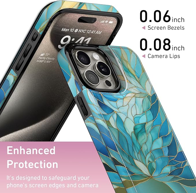 FUNMIKO for iPhone 14 Pro Wallet Case with Card Holder, RFID-Blocking, Military-Grade Protection & UV-Printed Artwork, Magnetic Closure with Leather Kickstand - Sleek Cyan Leaf