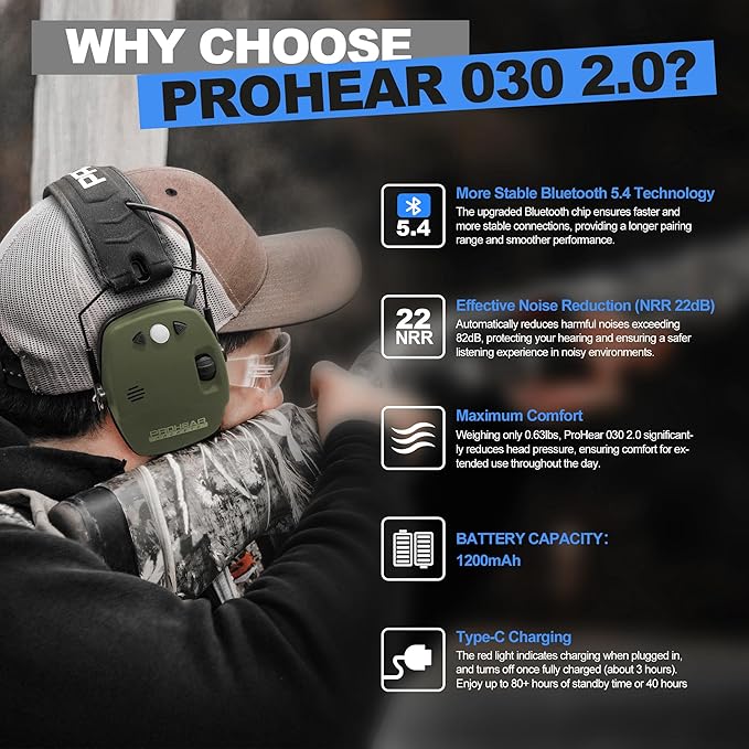 PROHEAR 030 2.0 Bluetooth Rechargeable Shooting Ear Protection, Slim Noise Cancelling Earmuffs, NRR 22dB for Hunting & Tactical Gun Range - Green