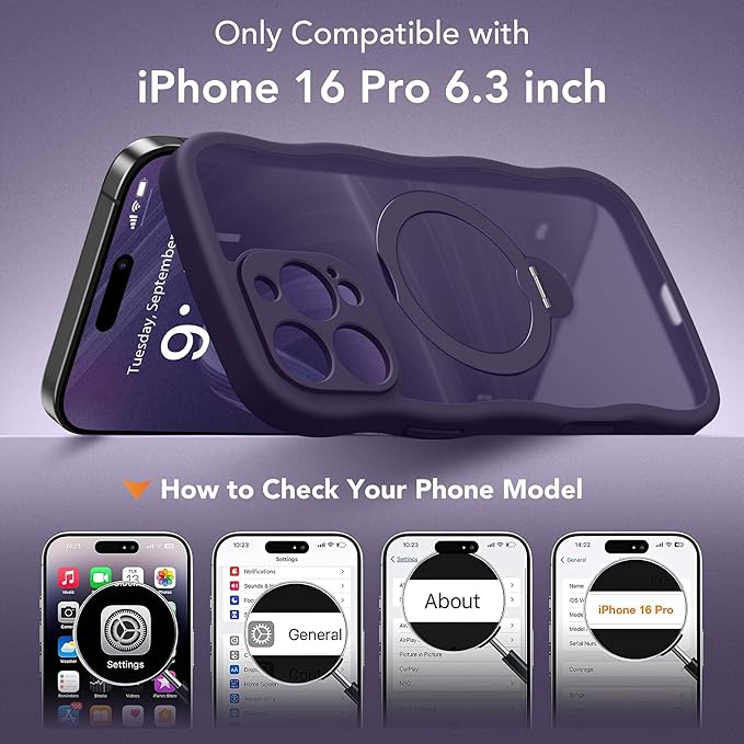 GolbinBox for iPhone 16 Pro Case for Women,[Compatible with Magsafe][360° Spin Magnetic Stand][Cute Wave Edge][Military-Grade Protection] Translucent Matte Phone Case for iPhone 16 Pro, Dark Purple