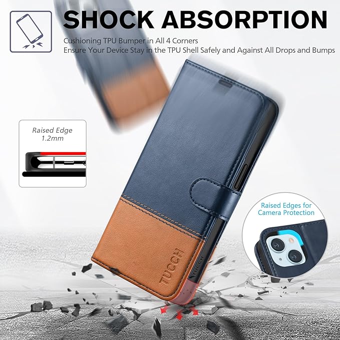 TUCCH Case Wallet Compatible with iPhone 15 6.1", Protective [TPU Shockproof Inner Shell], PU Leather [RFID Blocking] [4 Card Holder] Magnetic Closure Stand Flip Cover, Dark Blue & Light Brown