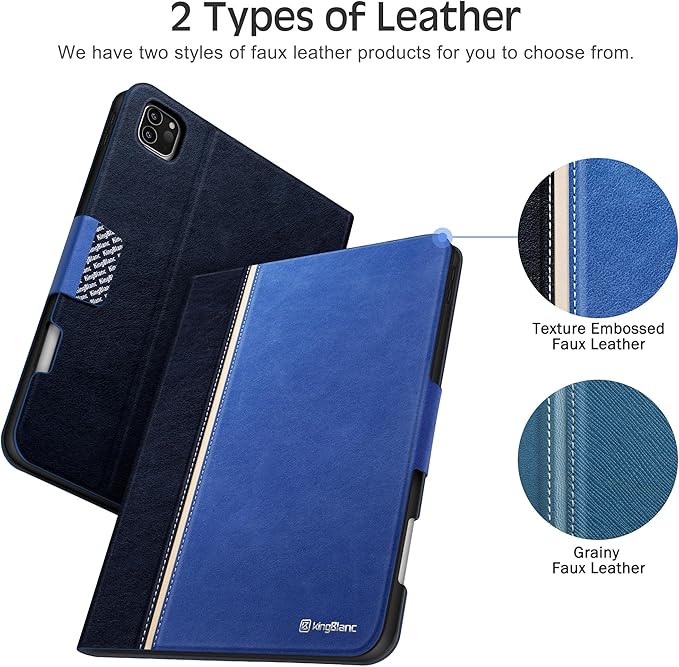 KingBlanc Case for iPad Pro 11 inch (M4) 2024 with Pencil Holder, Vegan Leather Smart Stand Cover, Auto Sleep Wake, Support Pencil Pro/(USB-C), Angles for Viewing/Writing, Durable Protection, Blue