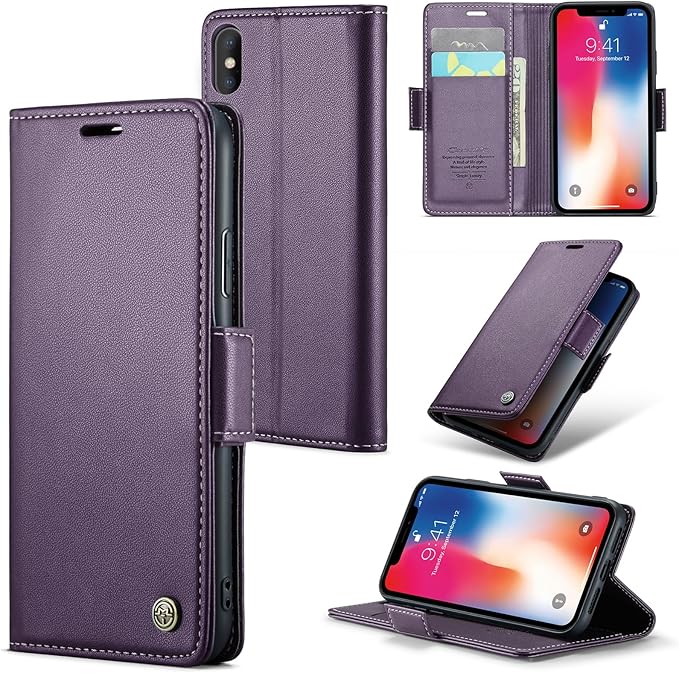 for iPhone X Case/iPhone Xs Case, Premium PU Leather Wallet Case Flip Cover with [RFID Blocking][Card Holder][Stand Function] Shockproof Protective for iPhone X/XS, Purple
